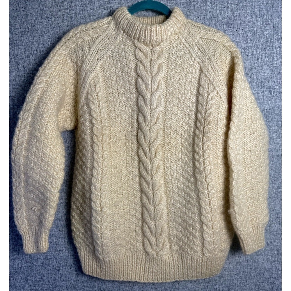 Vintage Hand Knit Greece Greek 100% Wool Fisherman Sweater Chunky Yellow SM/MED